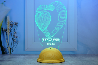 I Love You Personalized 3D Led Lamp with Double Heart