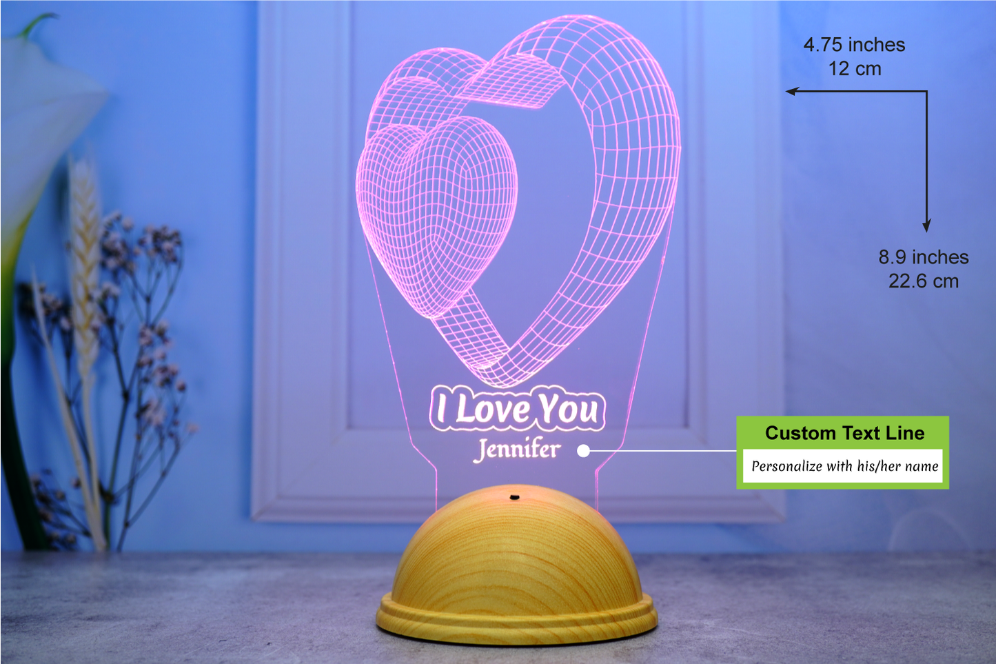 I Love You Personalized 3D Led Lamp with Double Heart