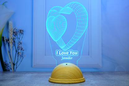 I Love You Personalized 3D Led Lamp with Double Heart