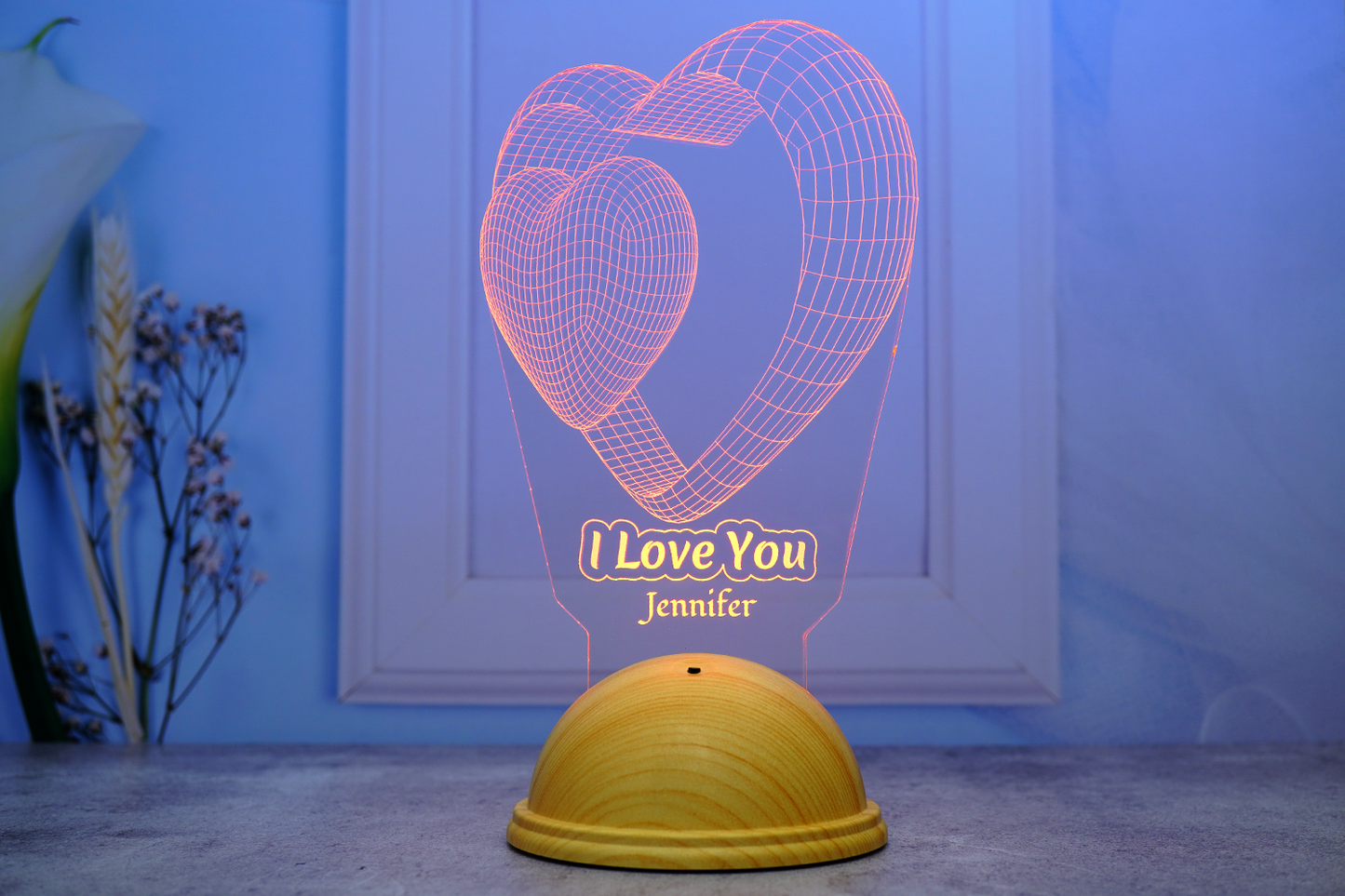 I Love You Personalized 3D Led Lamp with Double Heart