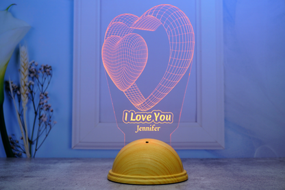 I Love You Personalized 3D Led Lamp with Double Heart