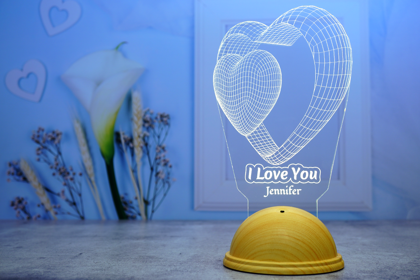 I Love You Personalized 3D Led Lamp with Double Heart