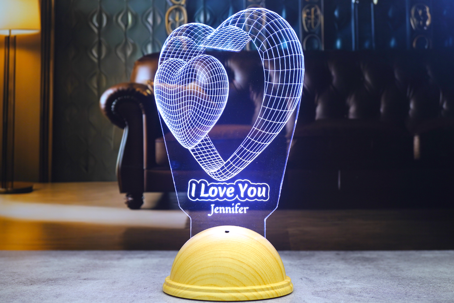 I Love You Personalized 3D Led Lamp with Double Heart