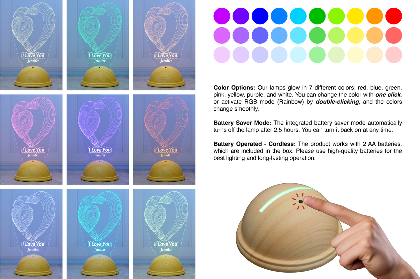 I Love You Personalized 3D Led Lamp with Double Heart